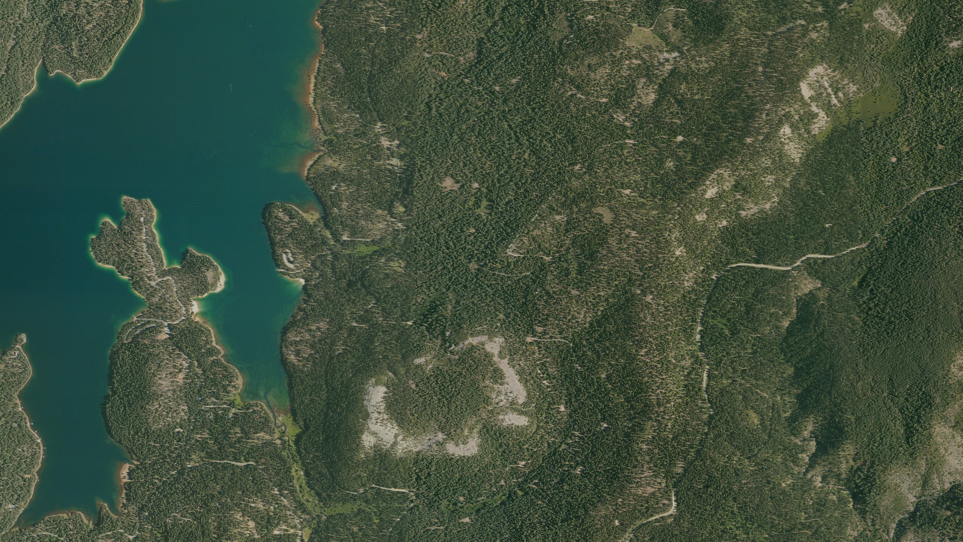 Natural-color aerial photograph of land around Little Grass Valley, California