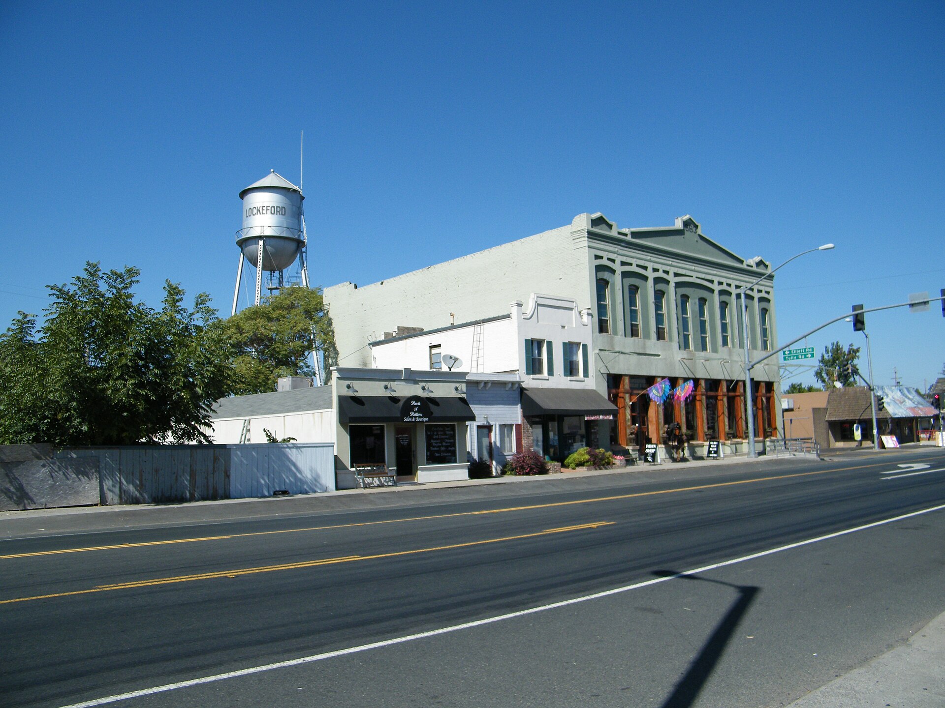 Downtown Lockeford, the old commercial block with a water tower — located on California State Route 88 in San Joaquin County, California. A California Historical Landmark in San Joaquin County.