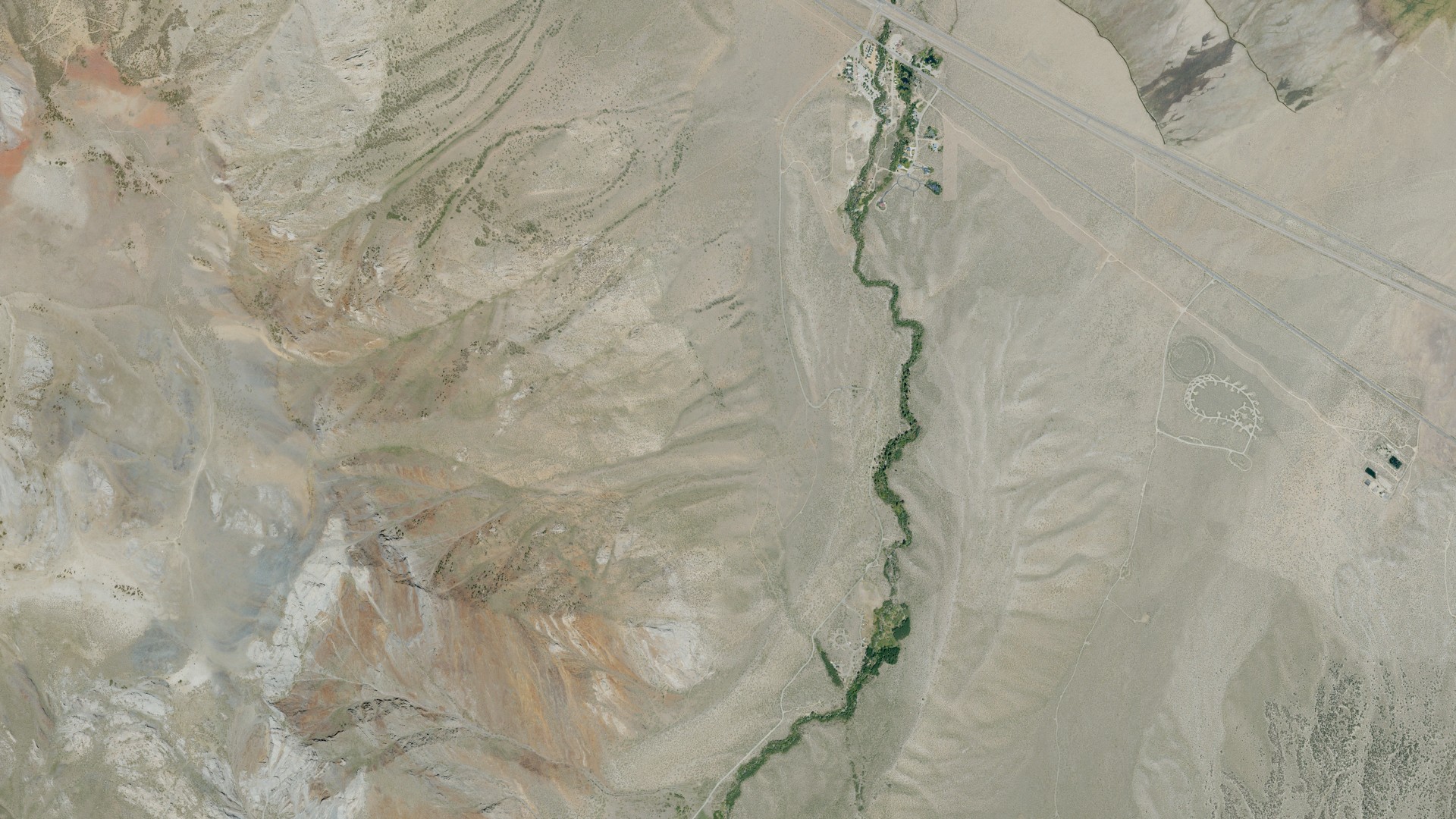 Natural-color aerial photograph of land around McGee Creek, California