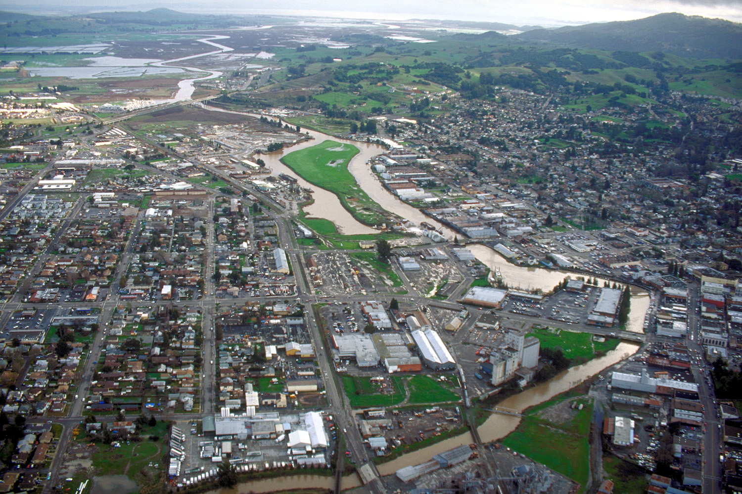 Aerial view of Petaluma, California, USA.
