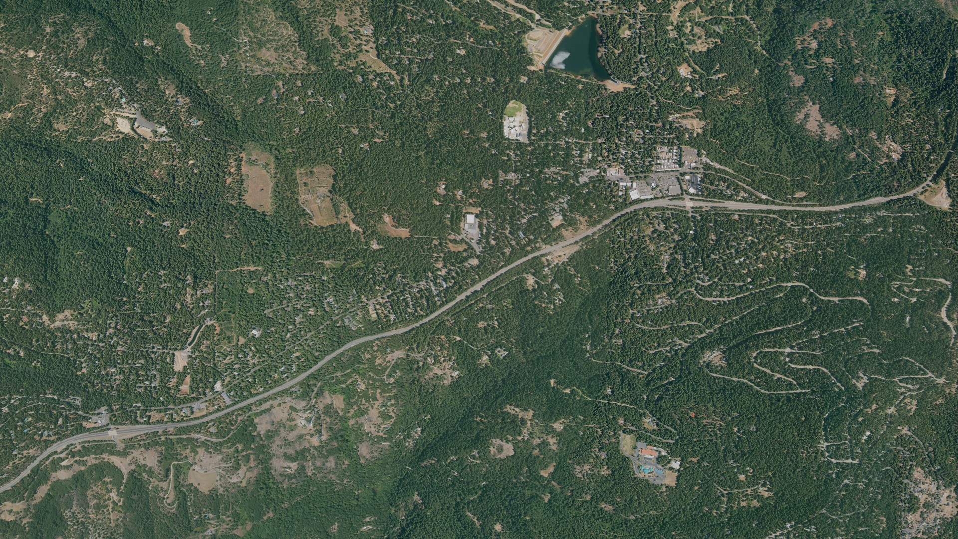 Natural-color aerial photograph of land around Pollock Pines, California