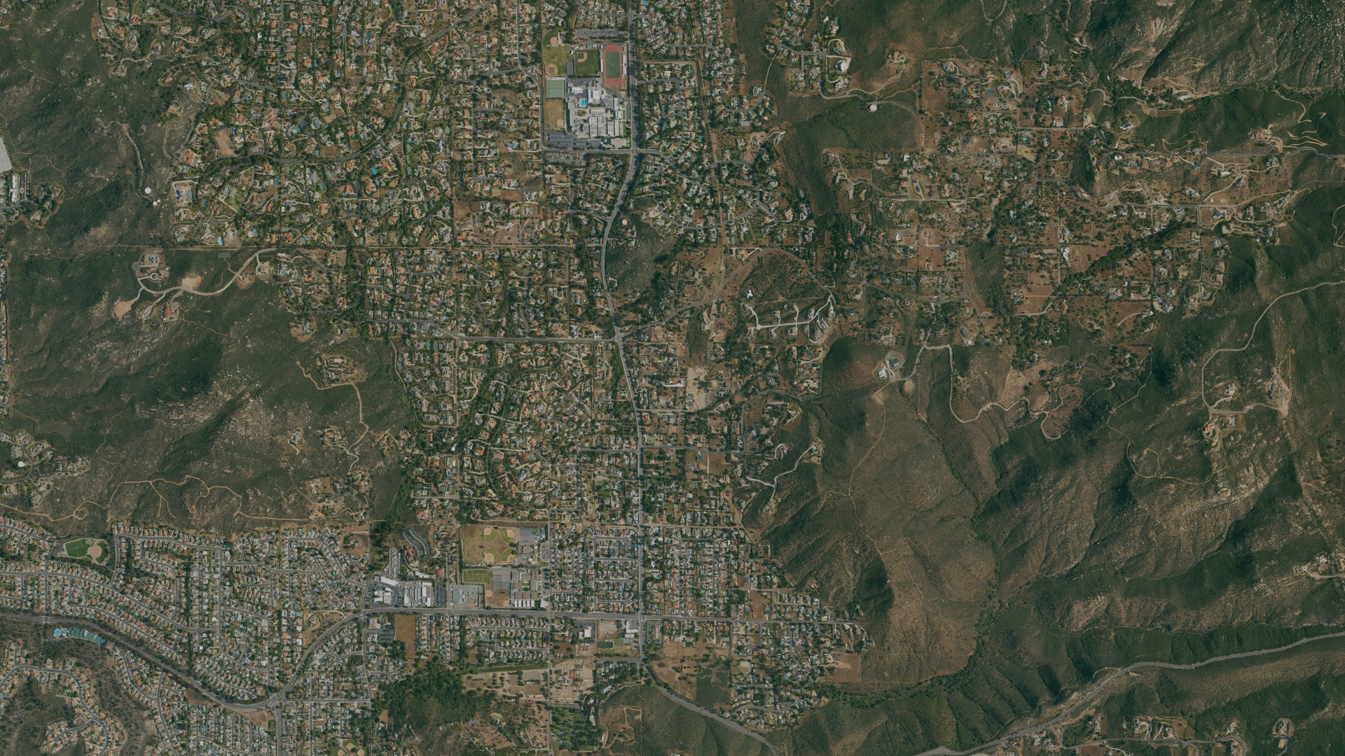 Natural-color aerial photograph of land around Poway, California