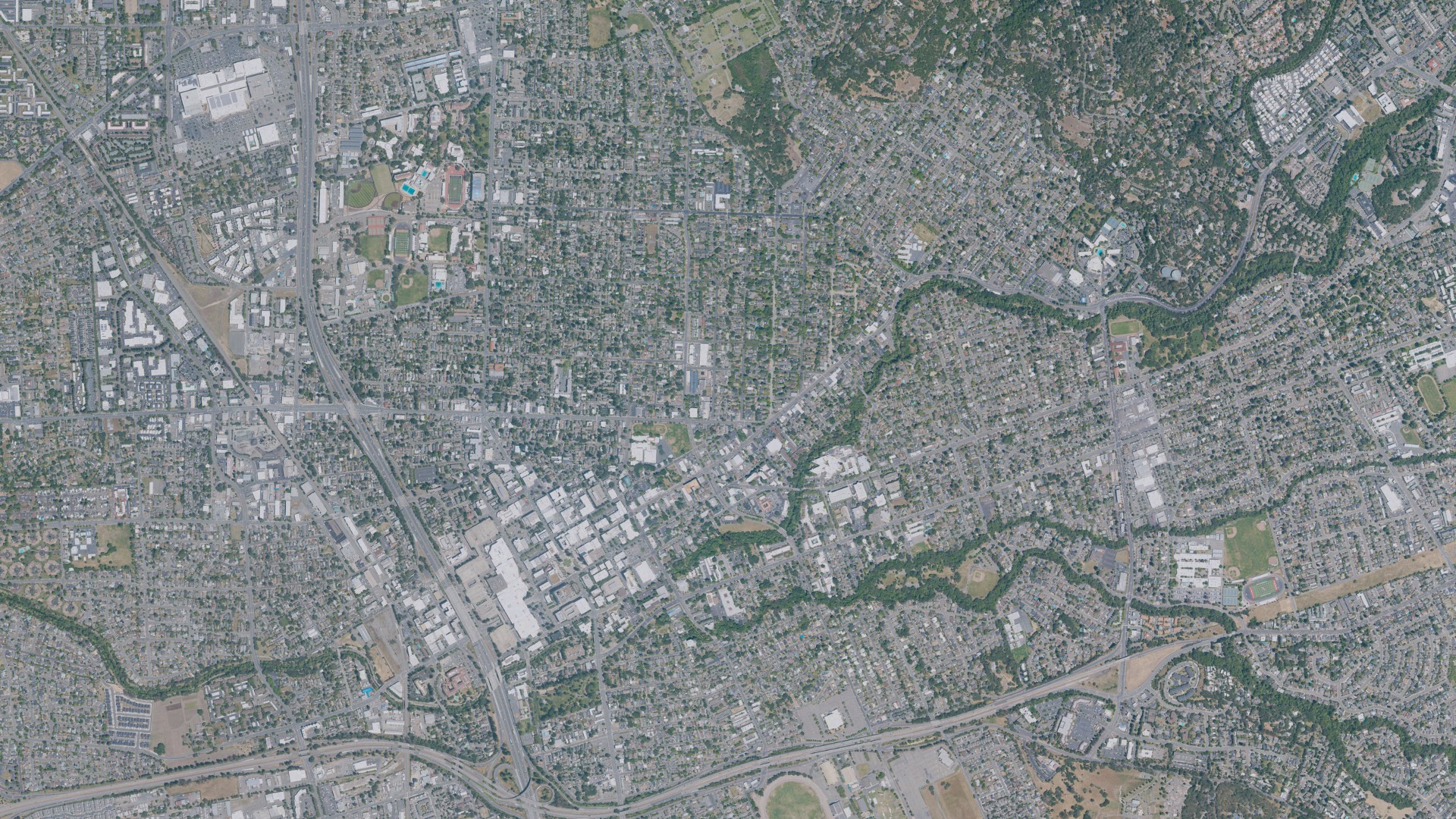 Natural-color aerial photograph of land around Santa Rosa, California
