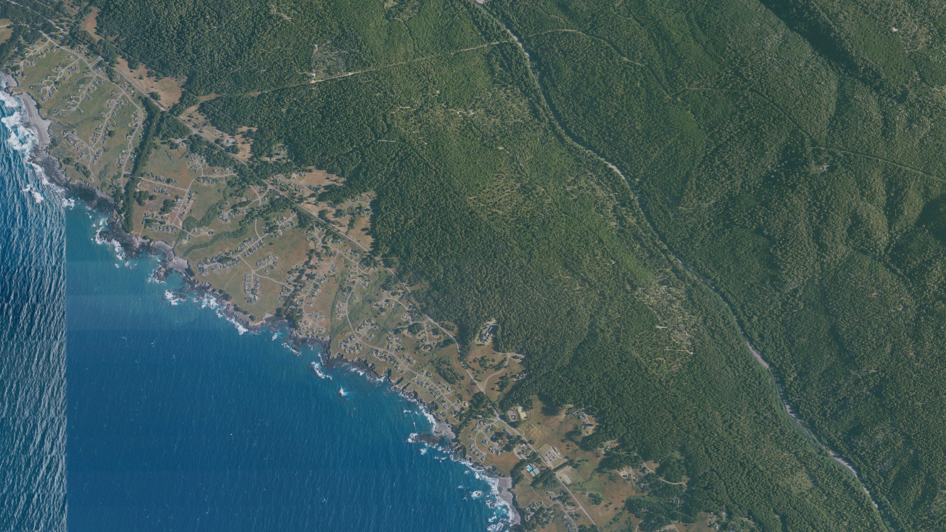 Natural-color aerial photograph of land around Sea Ranch, California