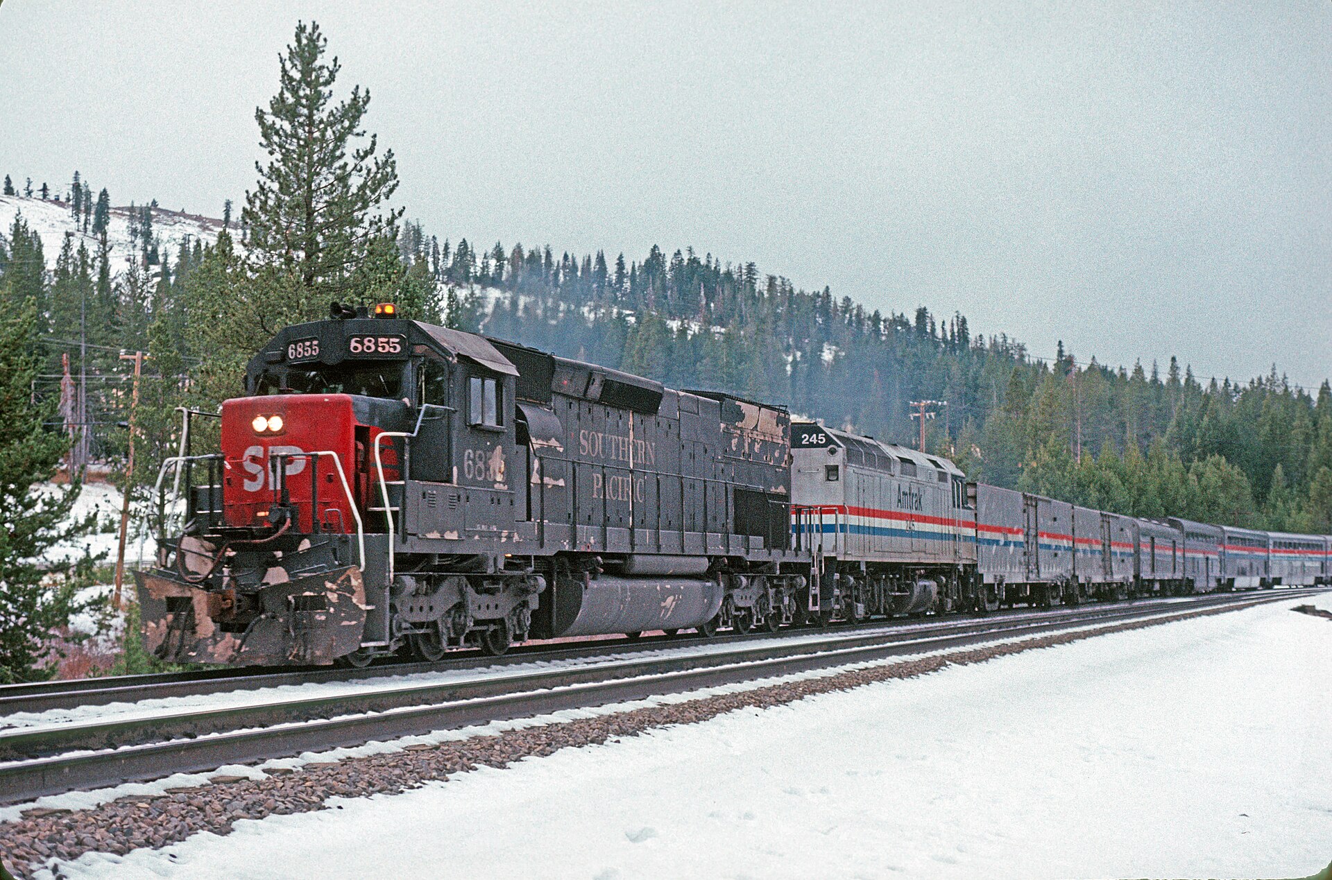 Amtrak train #6, the eastbound San Francisco Zephyr, at Soda Springs, California