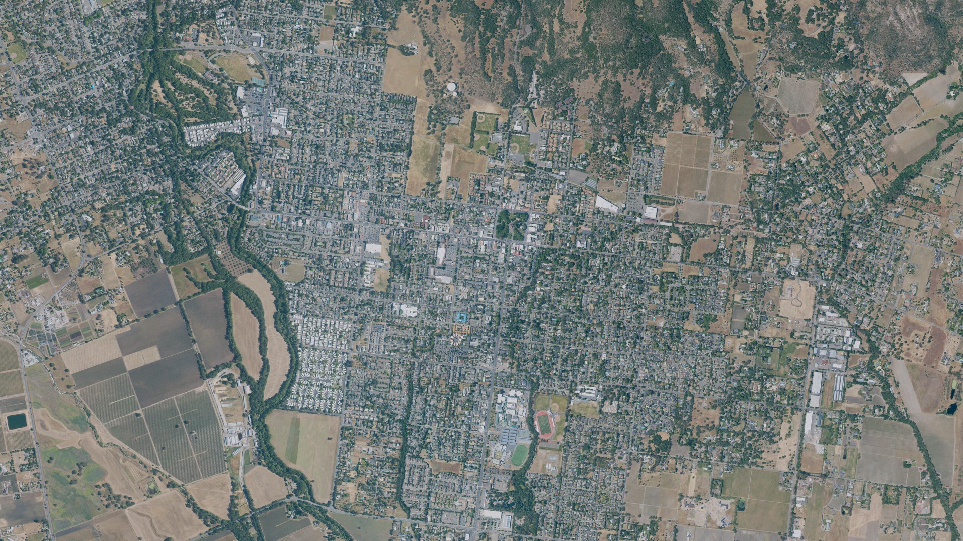 Natural-color aerial photograph of land around Sonoma, California