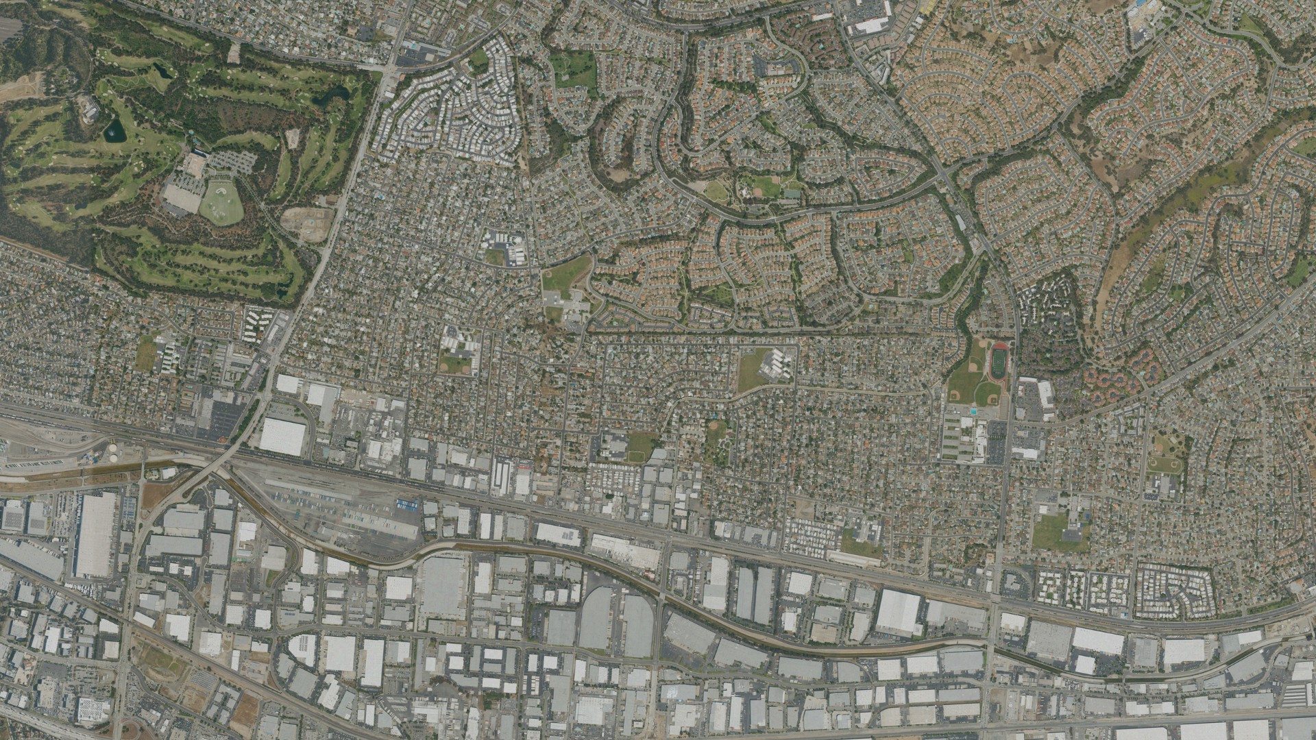 Natural-color aerial photograph of land around South San Jose Hills, California