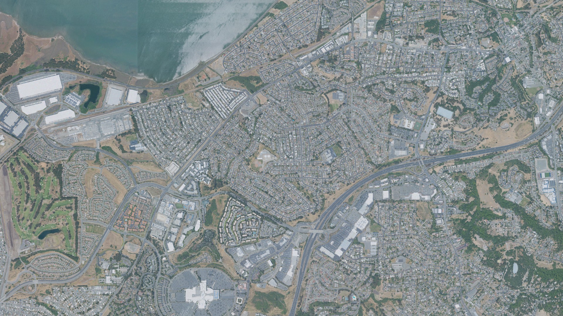 Natural-color aerial photograph of land around Tara Hills, California