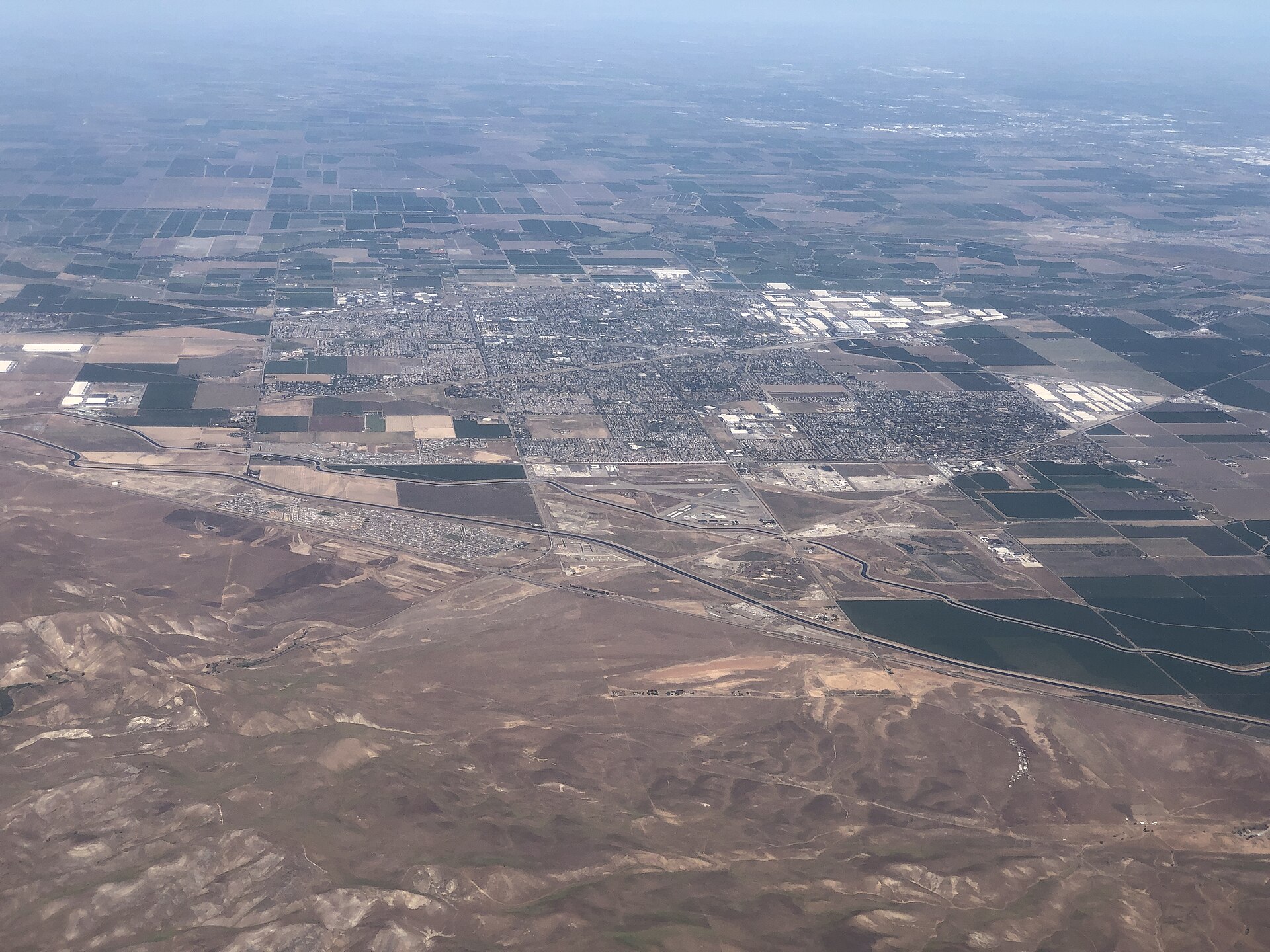 View north from an airplane towards the city of Tracy in San Joaquin County, California