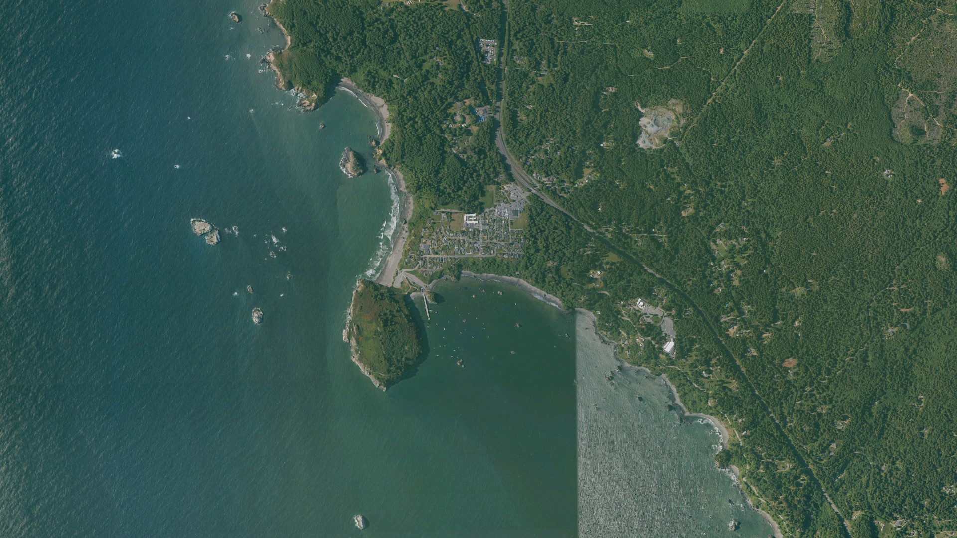 Natural-color aerial photograph of land around Trinidad, California