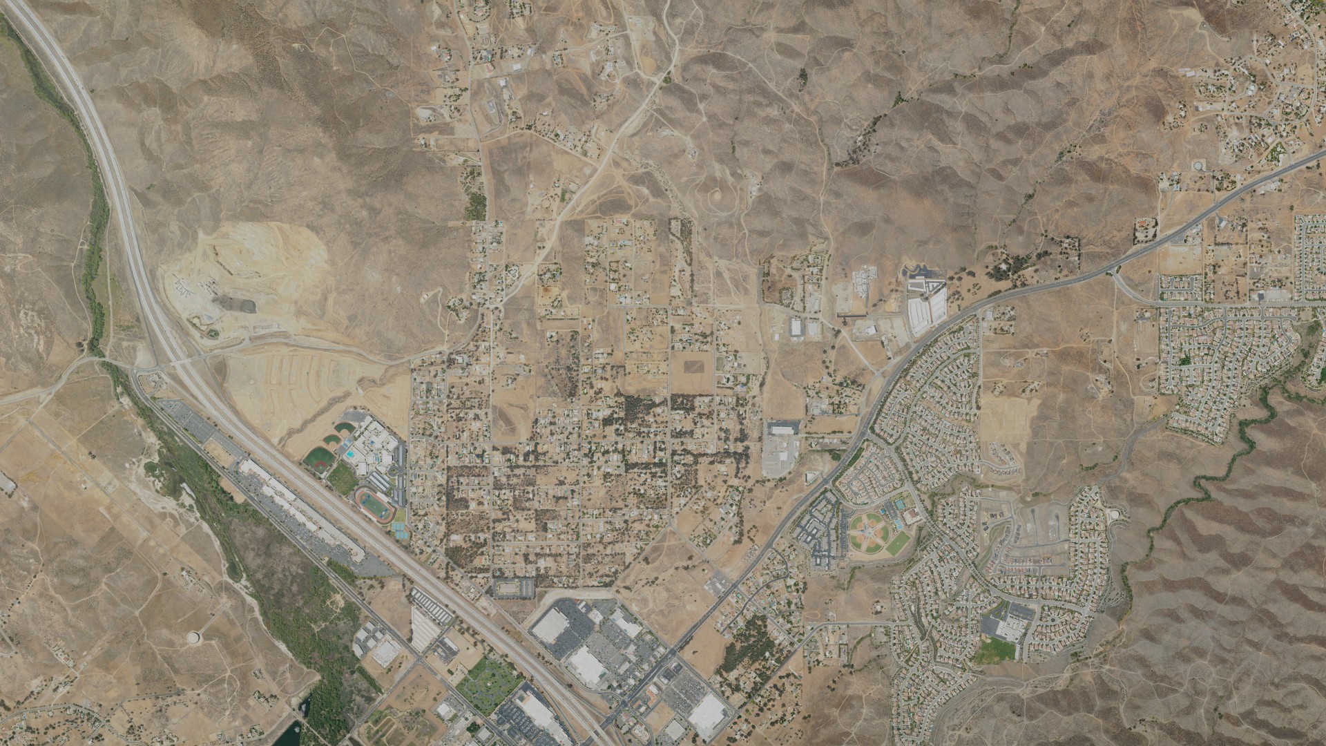 Natural-color aerial photograph of land around Warm Springs, California