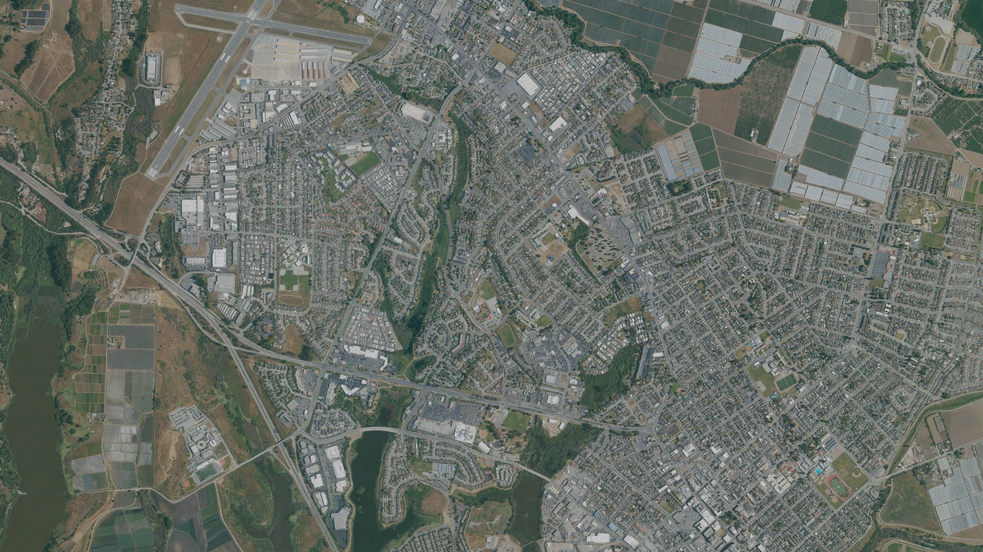 Natural-color aerial photograph of land around Watsonville, California