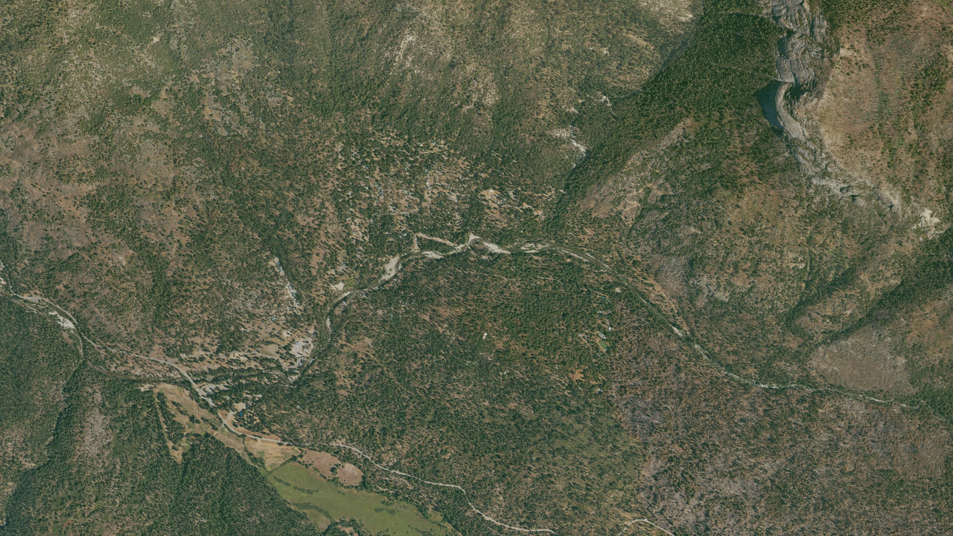 Natural-color aerial photograph of land around Wawona, California
