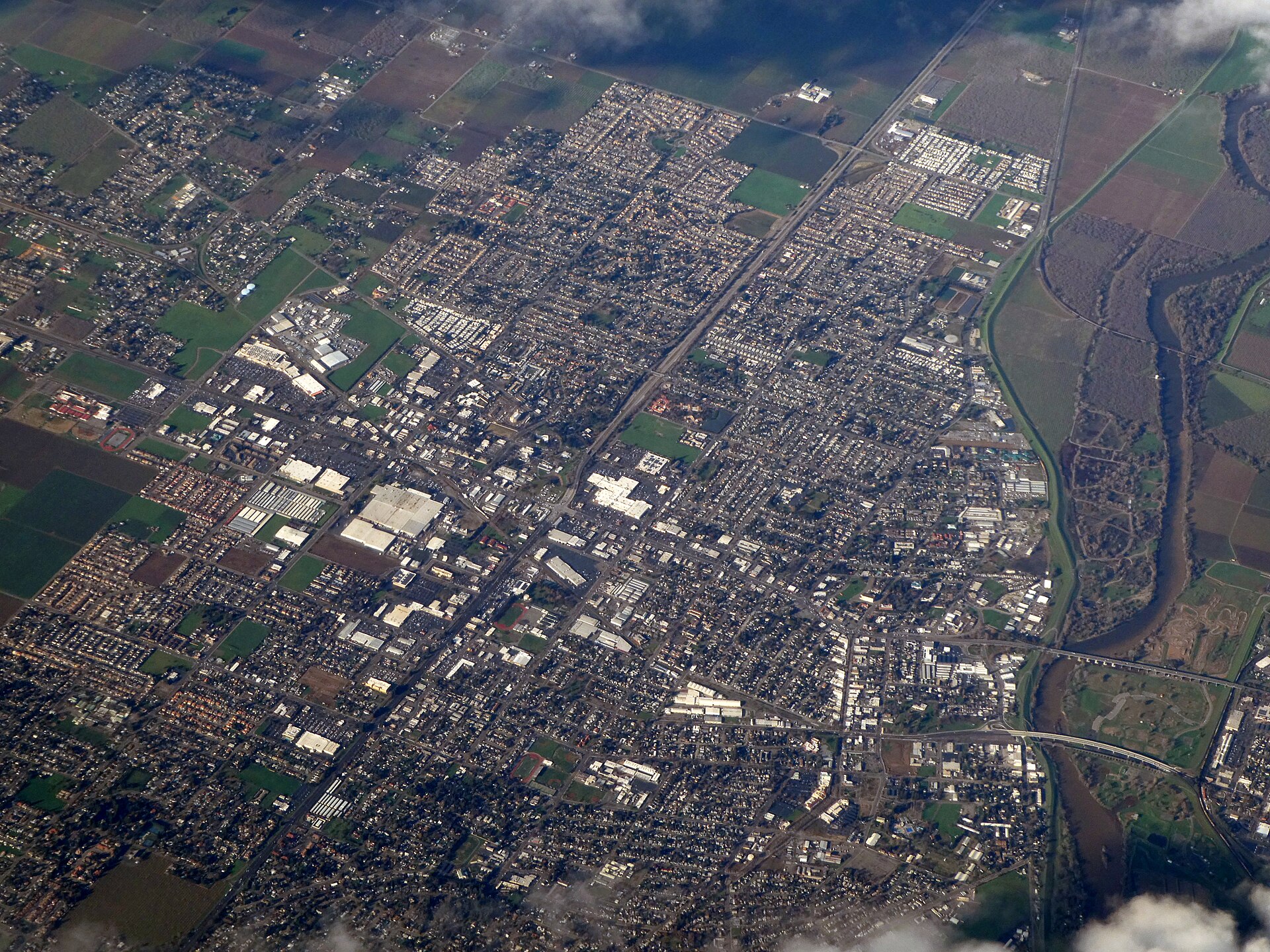 Aerial view of Yuba City, California in December 2021
