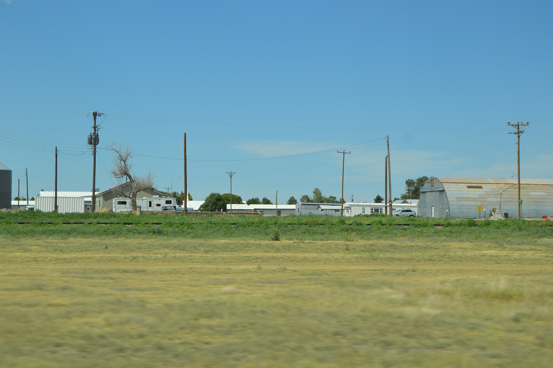 Buildings in Arapahoe, Colorado, United States, as seen from U.S. Route 40 to the south.