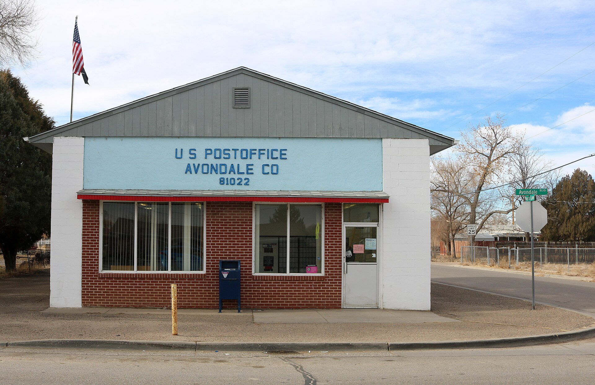 The Avondale, Colorado post office, located at 230 Avondale Boulevard, Avondale, Colorado 81022.