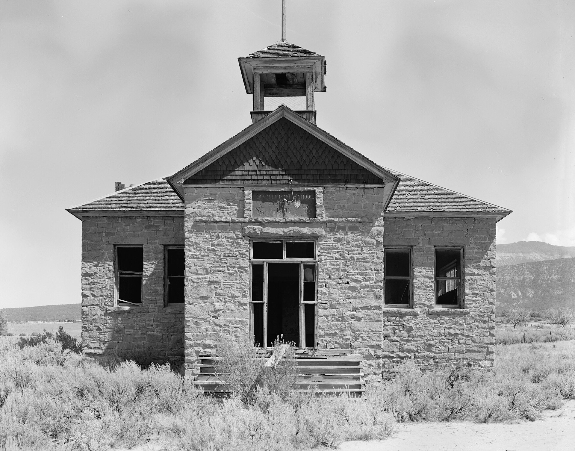 Front of the Battlement Mesa Schoolhouse, located at 7201 300 Road near Battlement Mesa in Garfield County, Colorado, United States. Built in 1897, it is listed on the National Register of Historic Places.