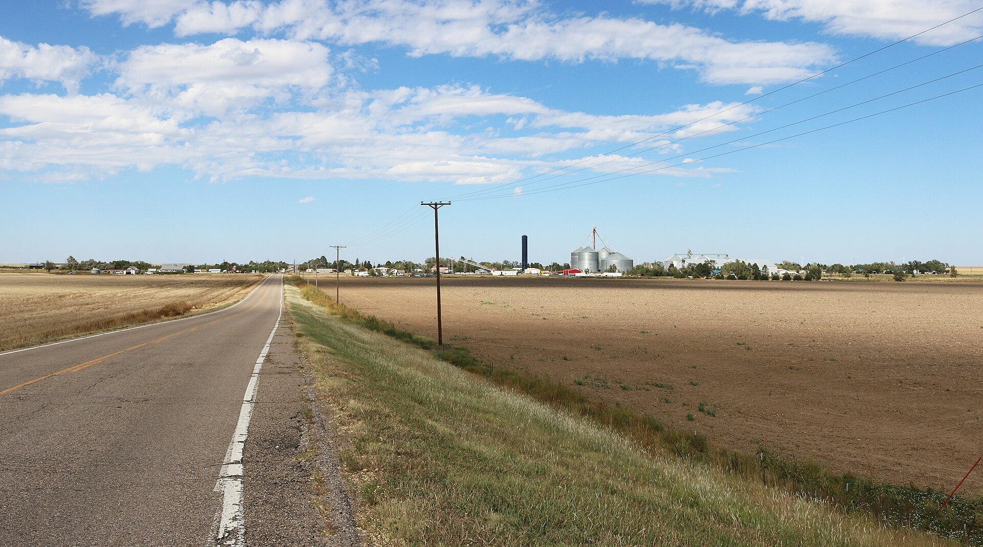 A view of Bethune, Colorado. The view is from the south at the intersection of County Road 40 and Interstate 70, at the top of the westbound offramp.