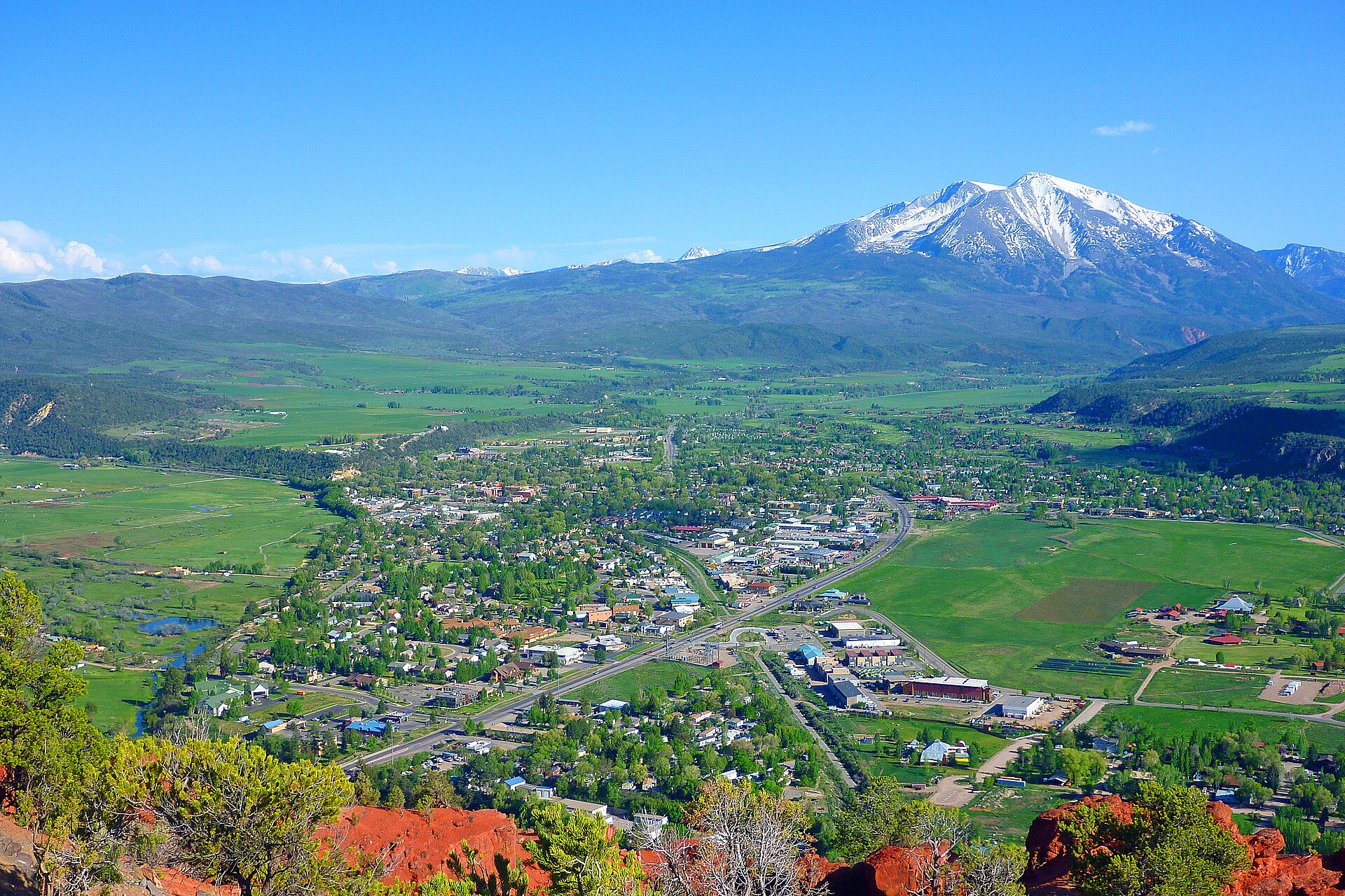Carbondale, Colorado with Mount Sopris in the background; as viewed from Red Hill/Mushroom Rock