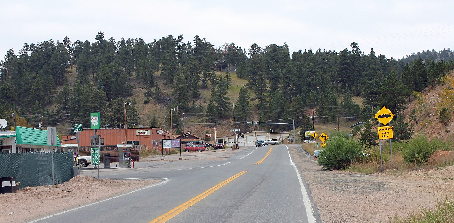 The "downtown" section of the village of Coal Creek (also called Coal Creek Canyon) in Boulder County, Colorado.