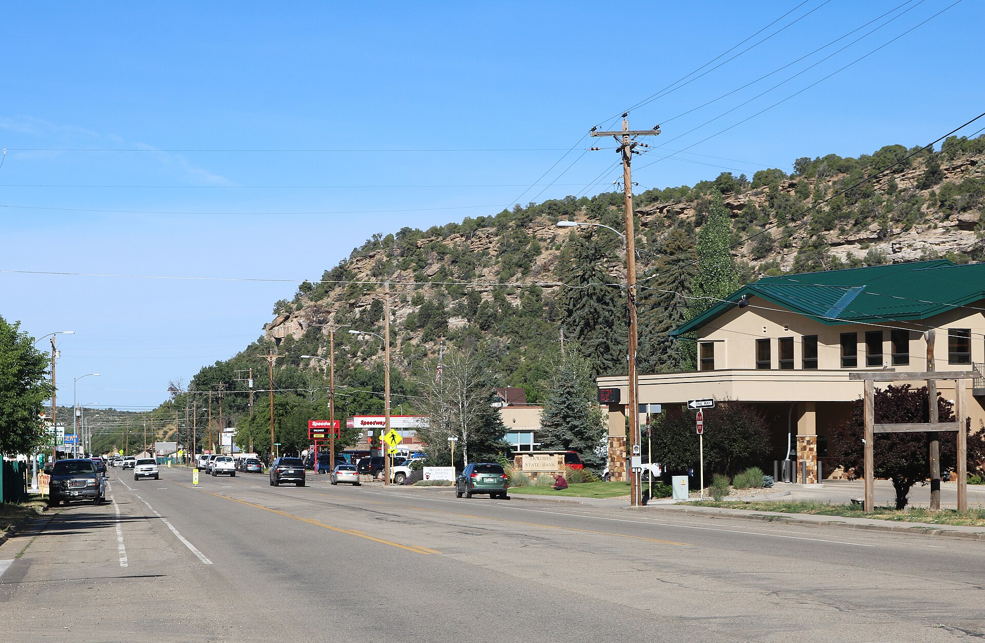 A view towards the southwest along Railroad Avenue, Dolores, Colorado's main street. The street is also Colorado State Highway 145.