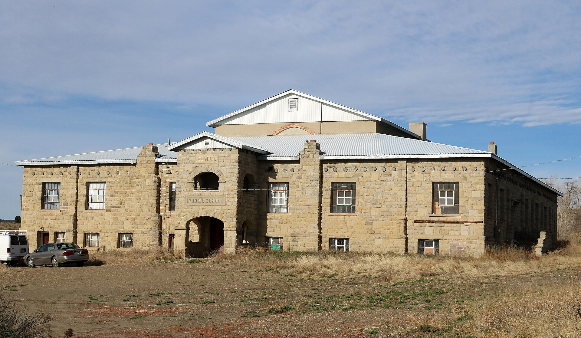 The old El Moro Public School, now privately held, on Las Animas County Road 75, in El Moro, Colorado. El Moro is a census-designated place.