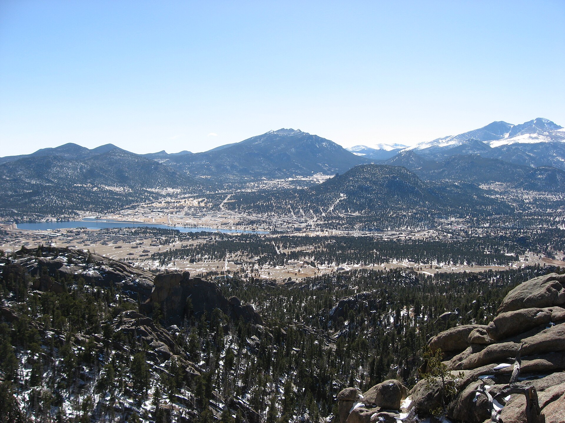 Panorama of Estes Park, Colorado, United States, taken at an altitude of about 9,000 feet. Picture is taken from the mountains around Gem Lake, north of the town.