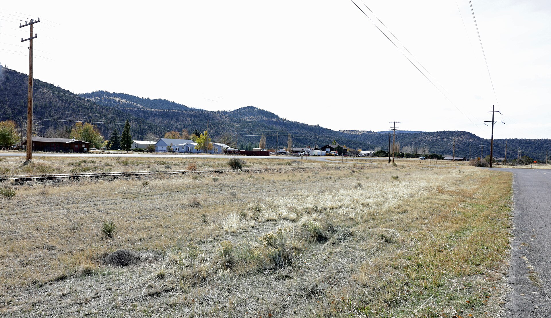 A view of Gerrard, Colorado. The view is towards the southwest along a street called Pima Trail. U.S. Highway 160 is visible on the left.