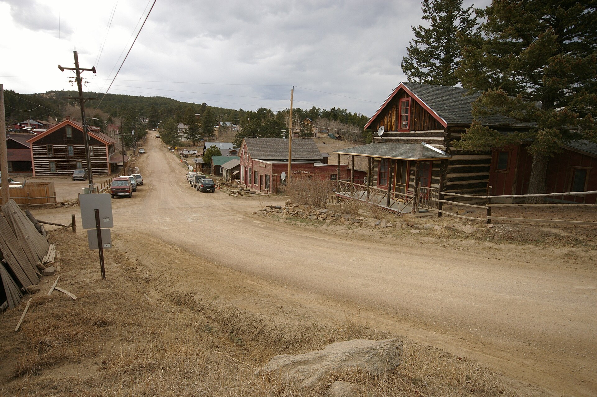 This is looking west down the main street in Gold Hill. The intersection in the foreground is Boulder Street and the Sunshine Canyon road. — Colorado