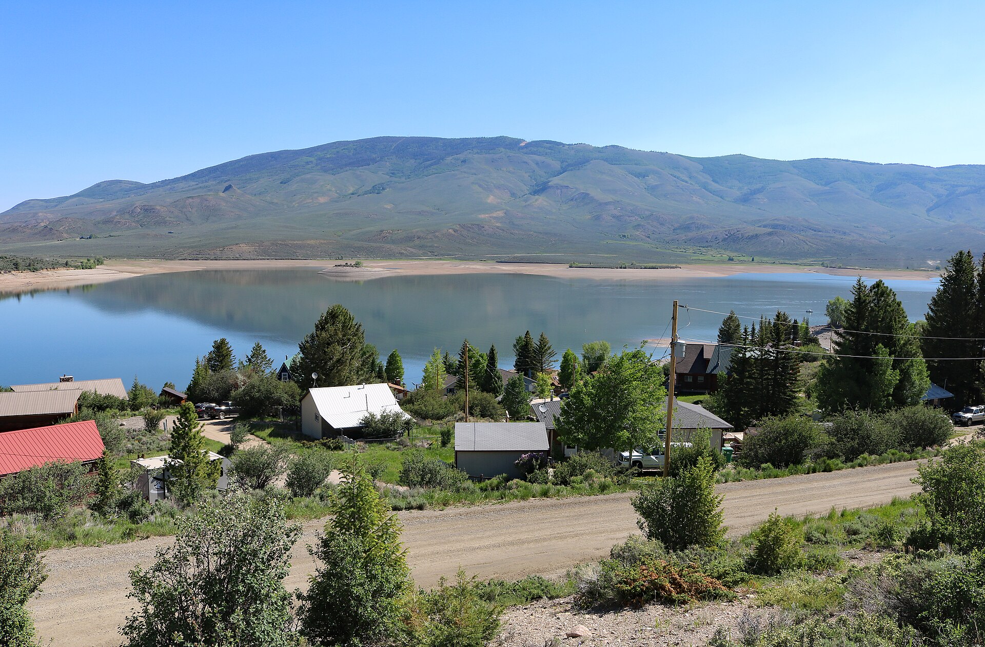 Heeney, Colorado, a census-designated place in Summit County that lies along the western shore of Green Mountain Reservoir. The mountain in the distance is Williams Peak, elevation 11,620 feet (3,540 meters).
