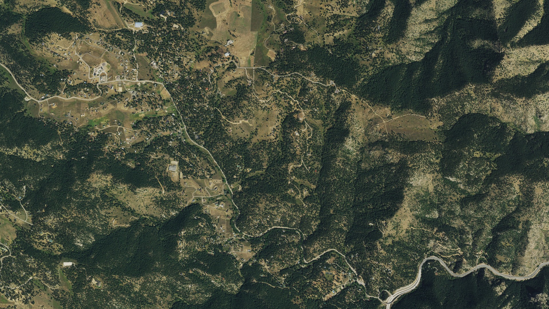 Natural-color aerial photograph of land around Indian Hills, Colorado