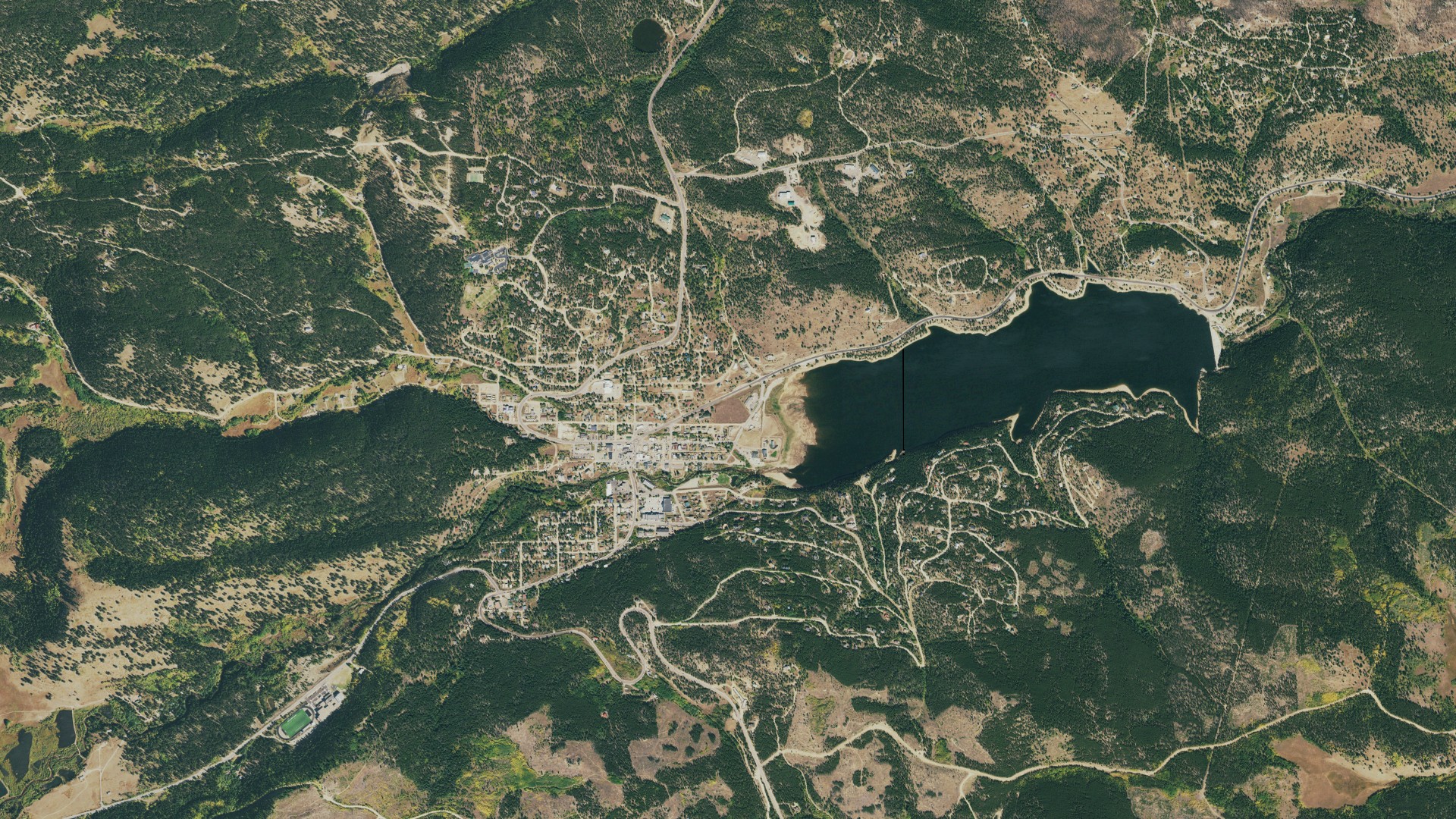 Natural-color aerial photograph of land around Nederland, Colorado