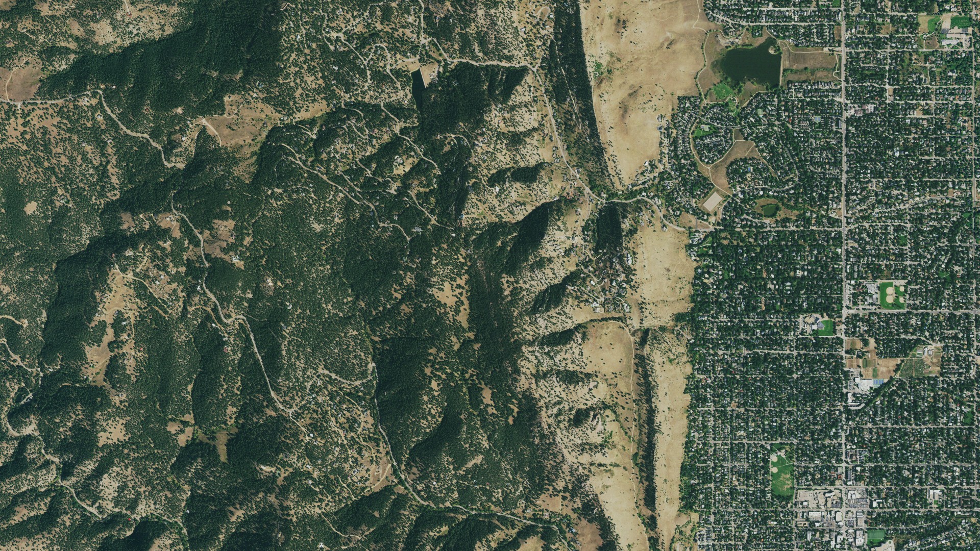 Natural-color aerial photograph of land around Pine Brook Hill, Colorado