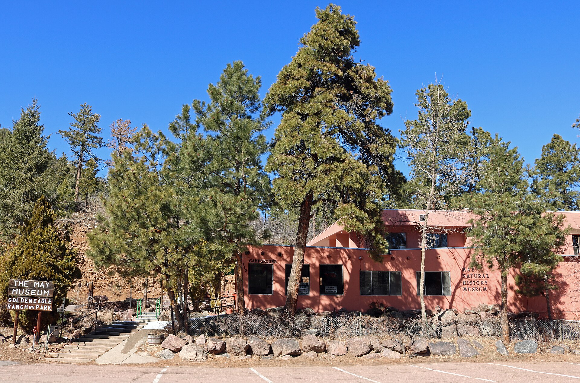 The May Natural History Museum, located at 710 Rock Creek Canyon Road in Rock Creek Park, Colorado. Rock Creek Park is a census-designated place in El Paso County, Colorado.