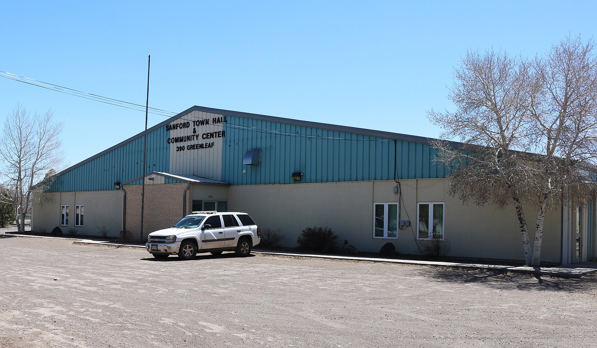 The Sanford Town Hall and Community Center, located at 390 Greenleaf Street in Sanford, Colorado.