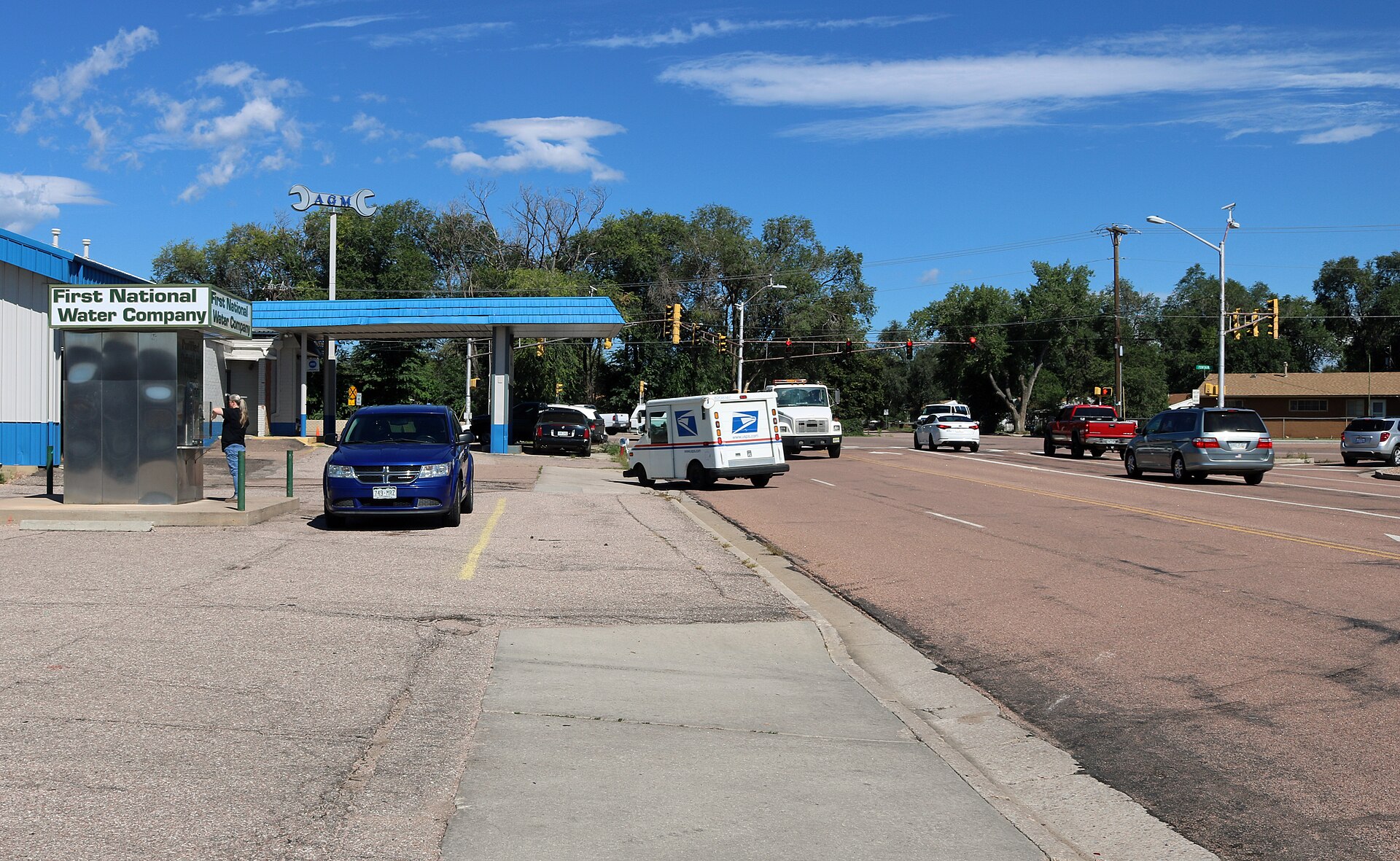 Looking northwest along Widefield Boulevard towards its intersection (at the stoplight) with Fontaine Boulevard in Security-Widefield, Colorado.