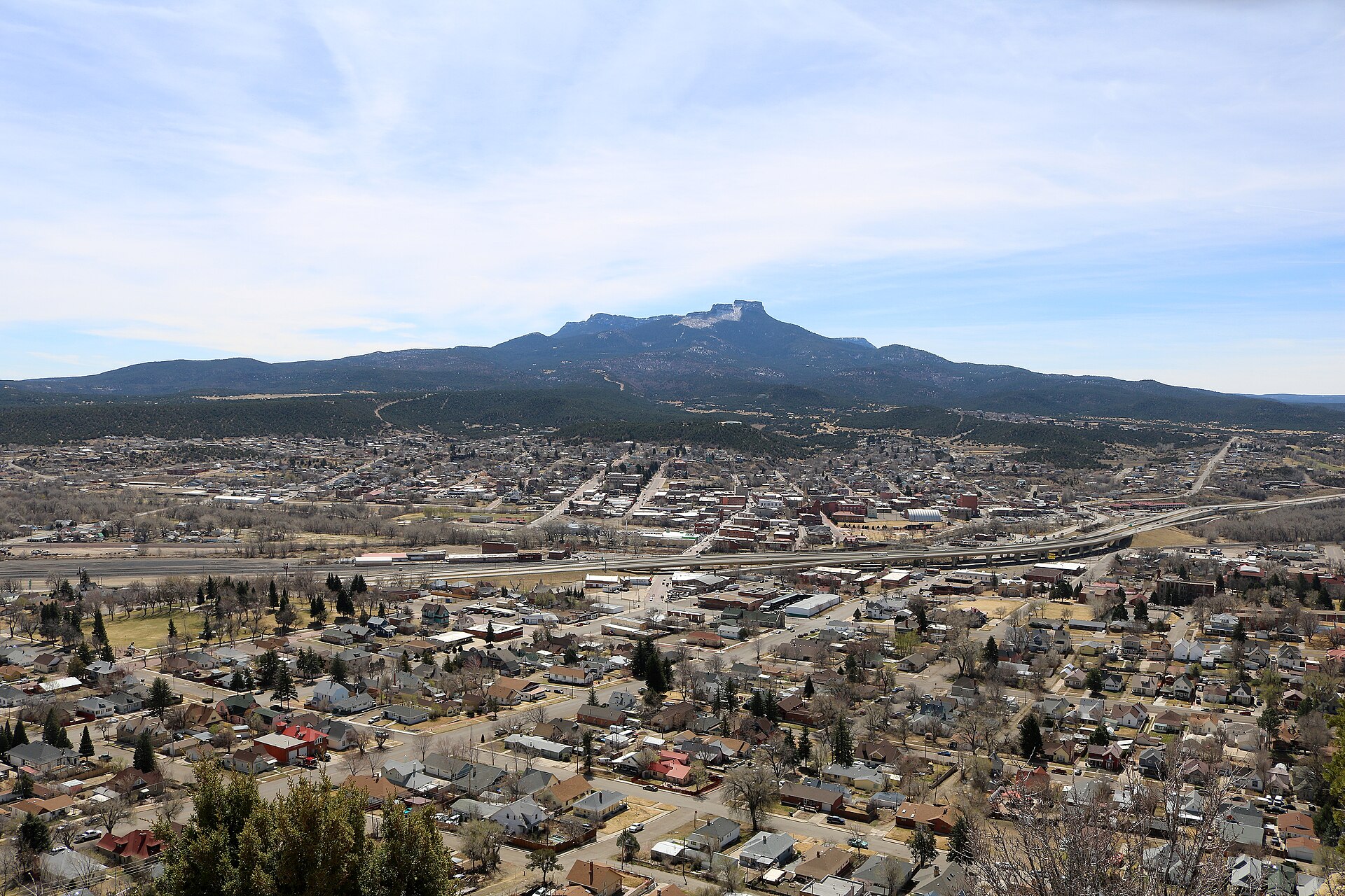 A view of Trinidad, Colorado from Simpsons Rest Overlook. The mountain is Fishers Peak.