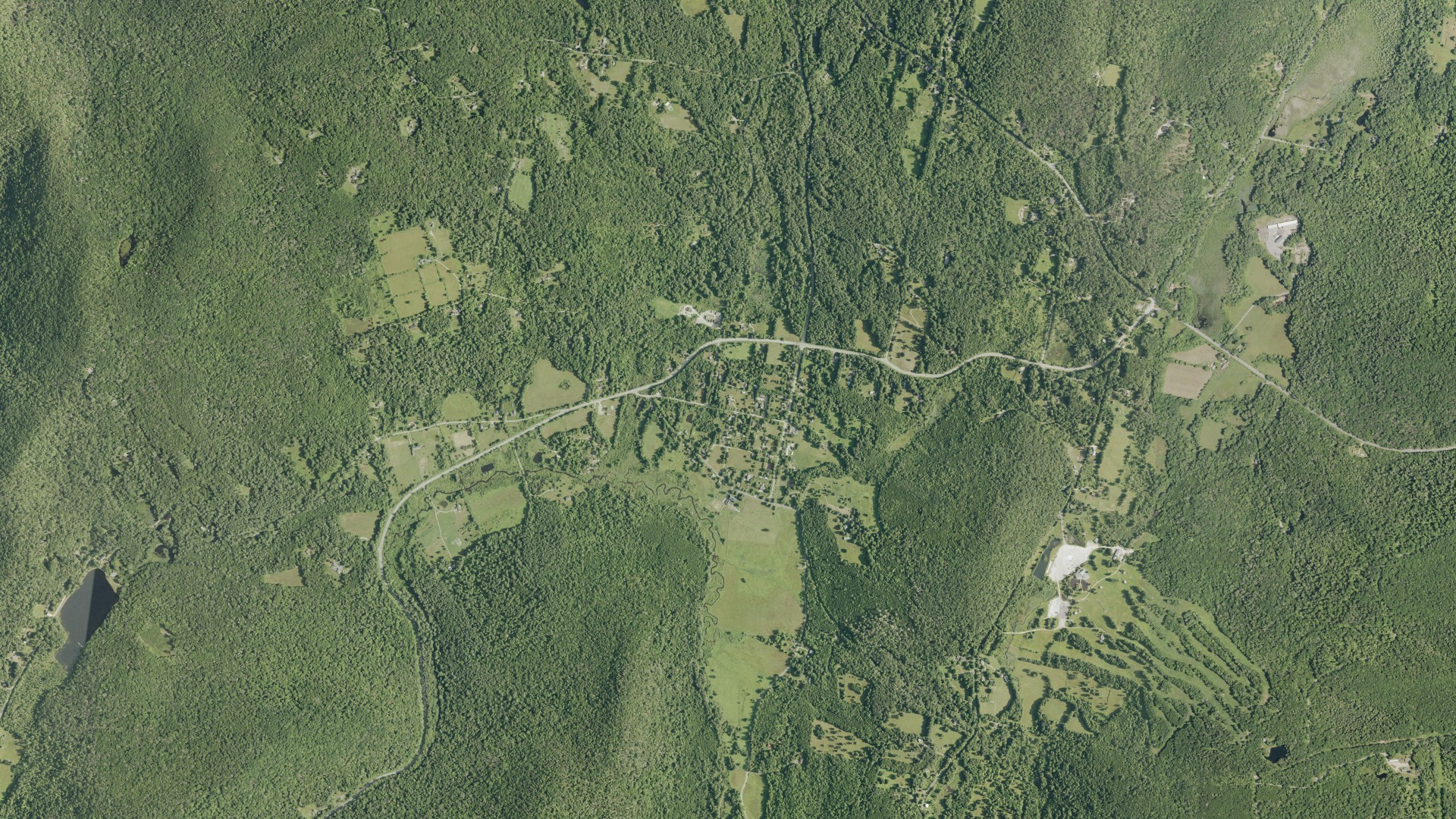 Natural-color aerial photograph of land around Cornwall, Connecticut