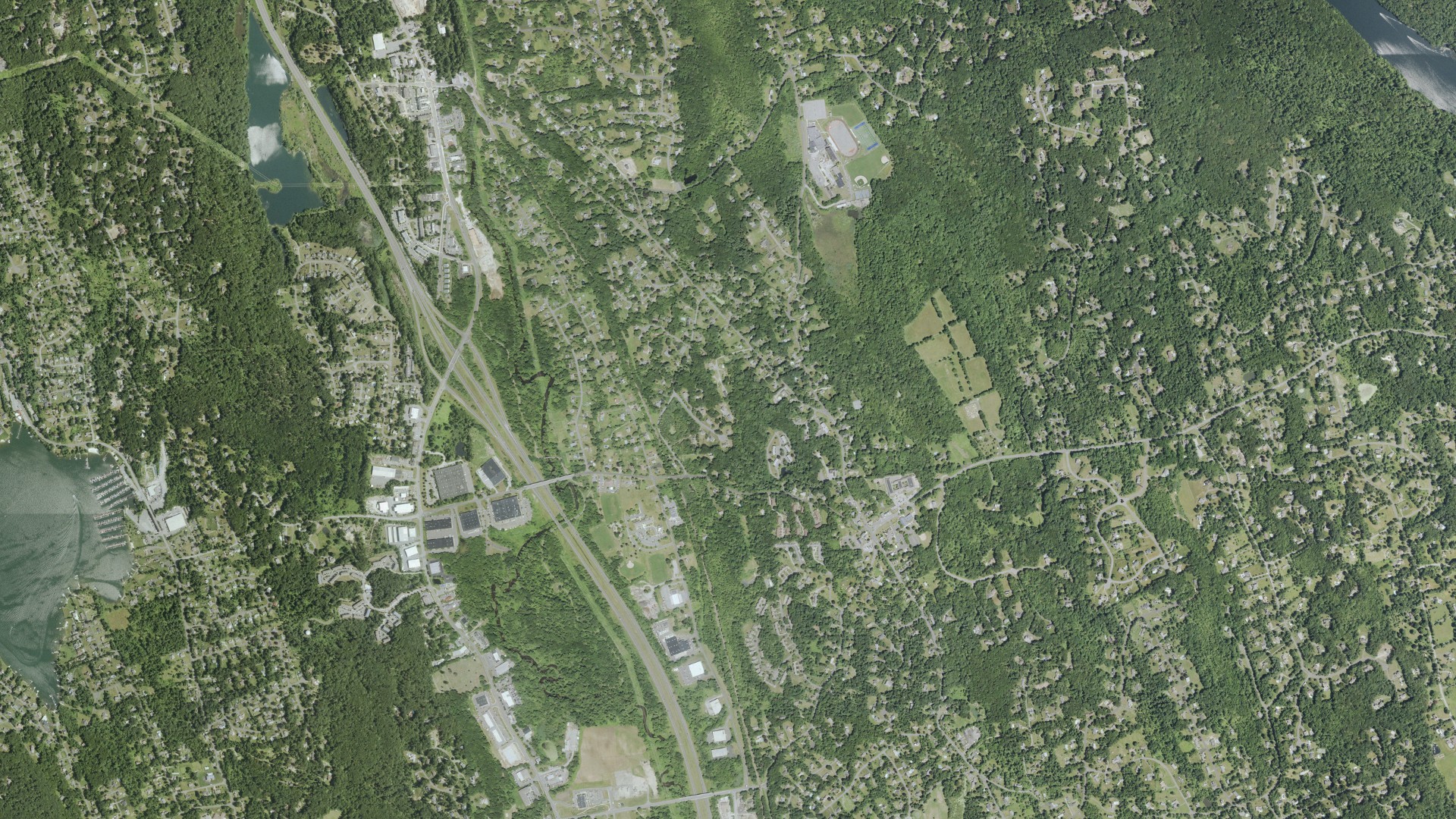 Natural-color aerial photograph of land around Brookfield, Connecticut