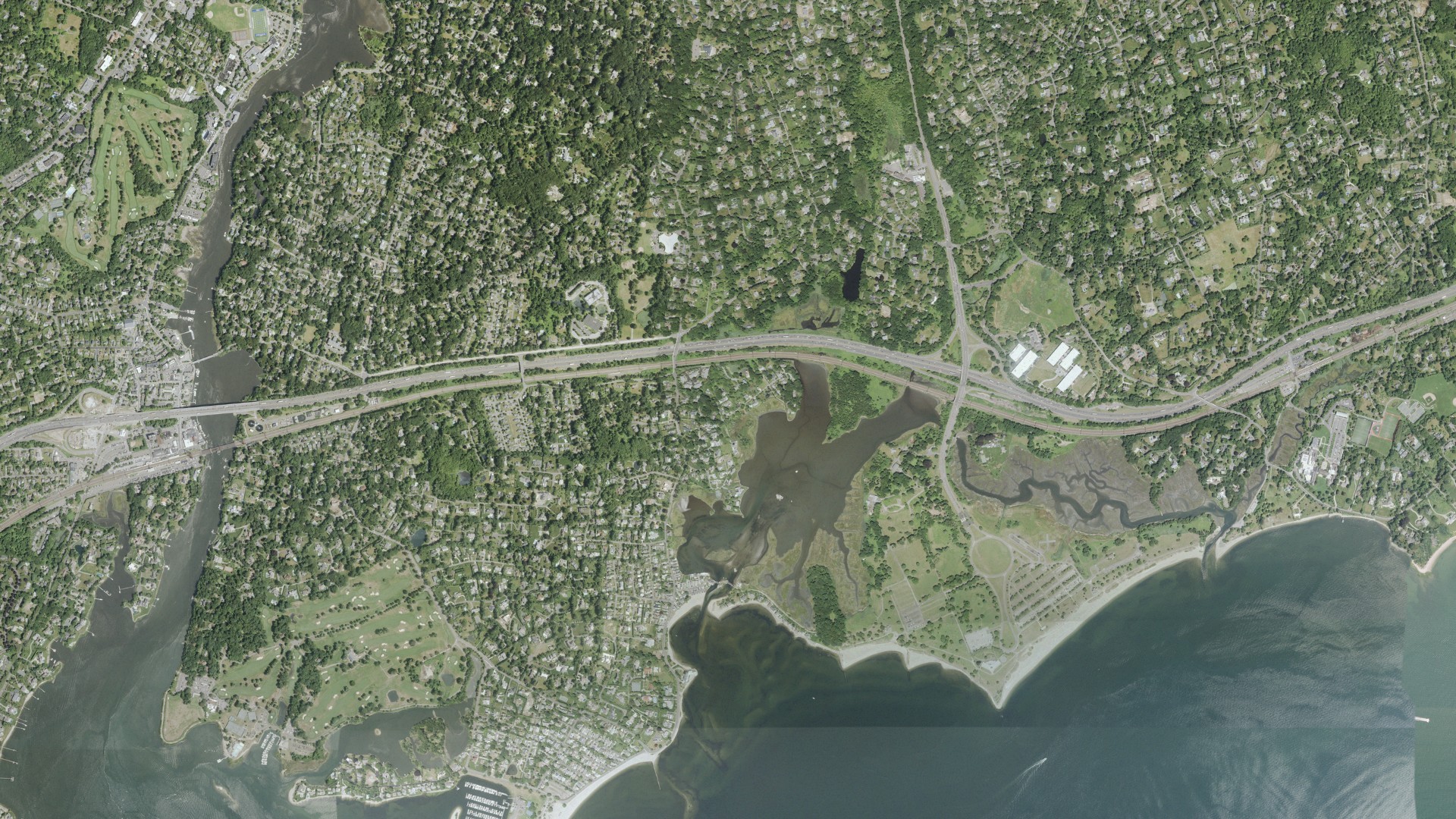 Natural-color aerial photograph of land around Westport, Connecticut
