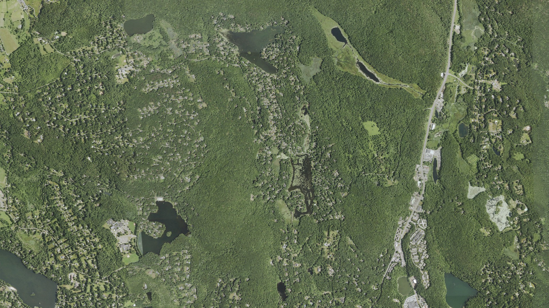Natural-color aerial photograph of land around Lakes East, Connecticut