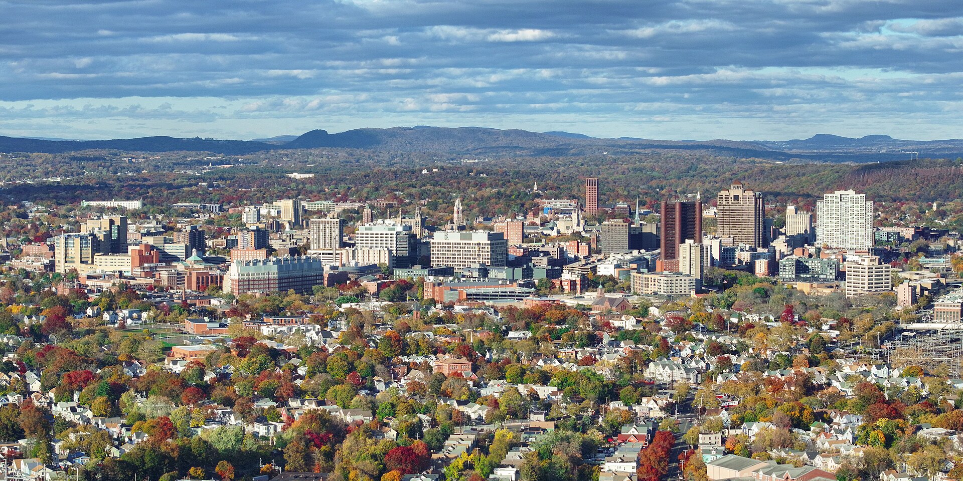 The skyline of New Haven, Connecticut. It's home to 135,000 residents and Yale University, the city's biggest taxpayer and employer
