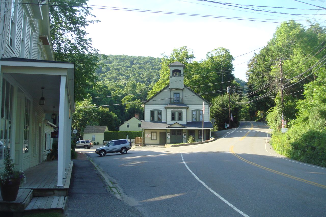 The village center of New Preston, Connecticut, looking north on Route 45 (East Shore Road} at intersection of New Preston Hill Road