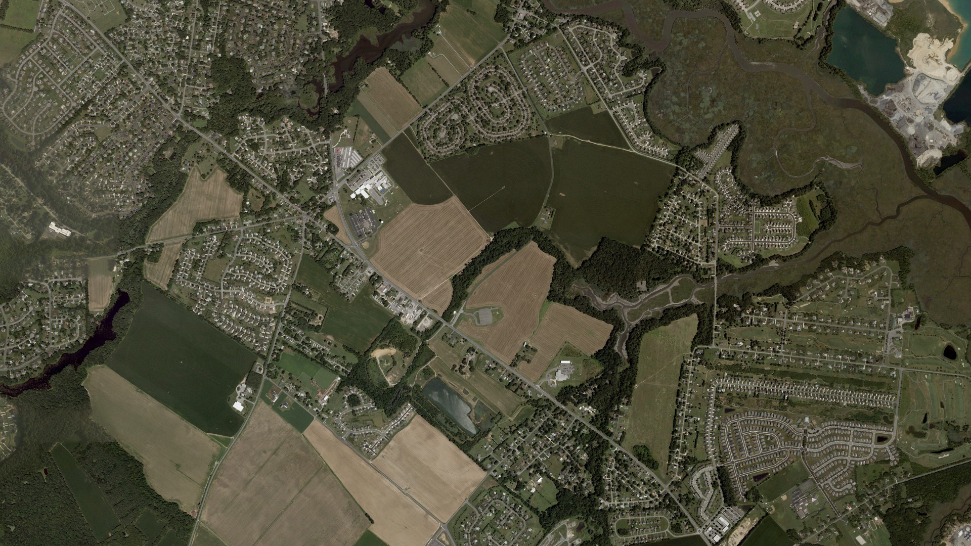 Natural-color aerial photograph of land around Kent County, Delaware