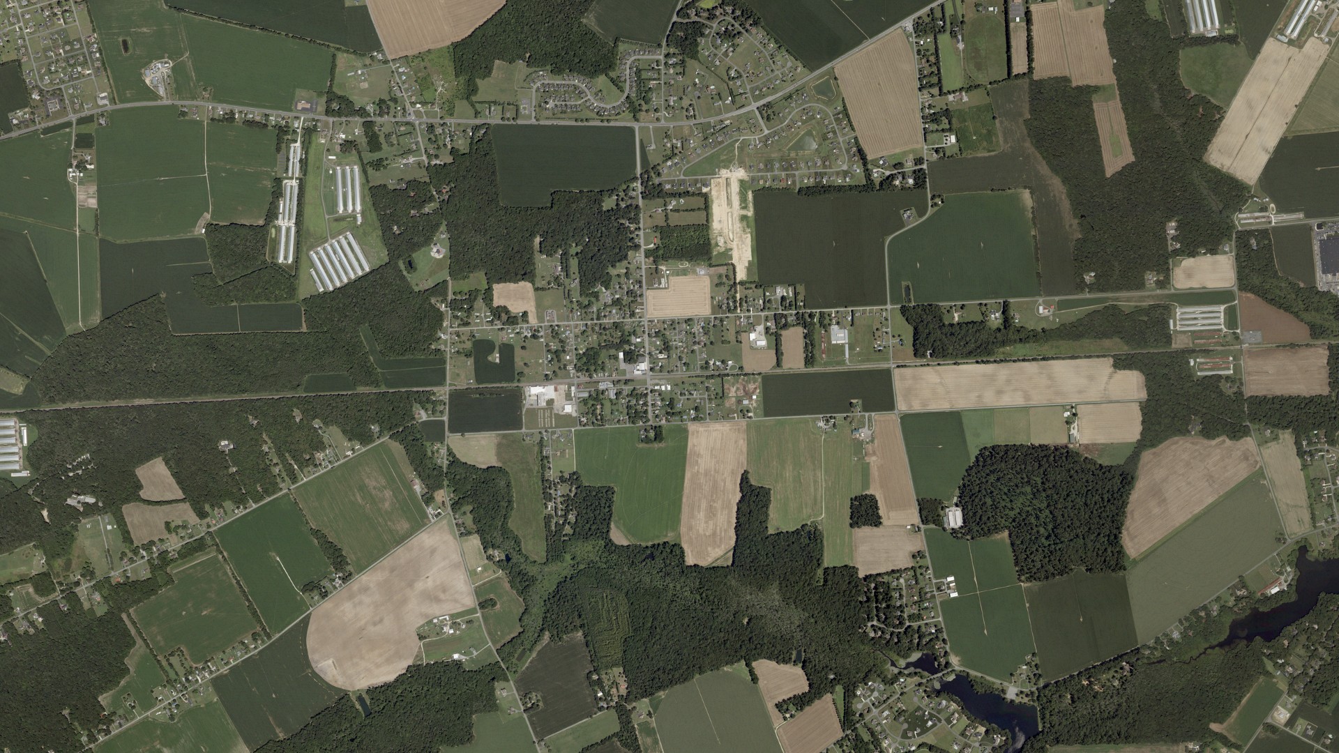 Natural-color aerial photograph of land around Houston, Delaware