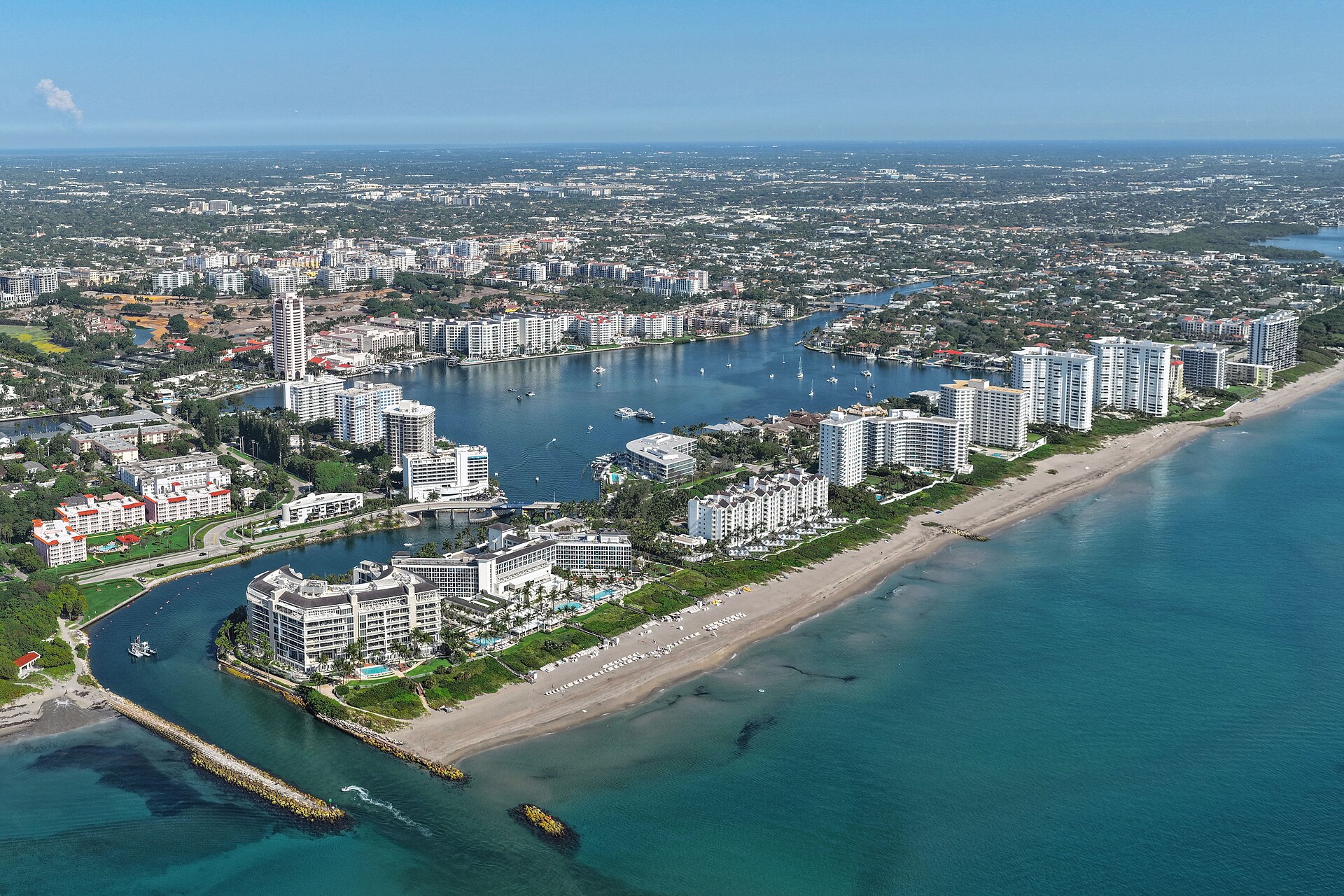 Aerial view of Boca Raton, Florida, a coastal city of 97,422 residents, showing the Boca Raton Inlet, Lake Boca Raton and Atlantic beachfront.