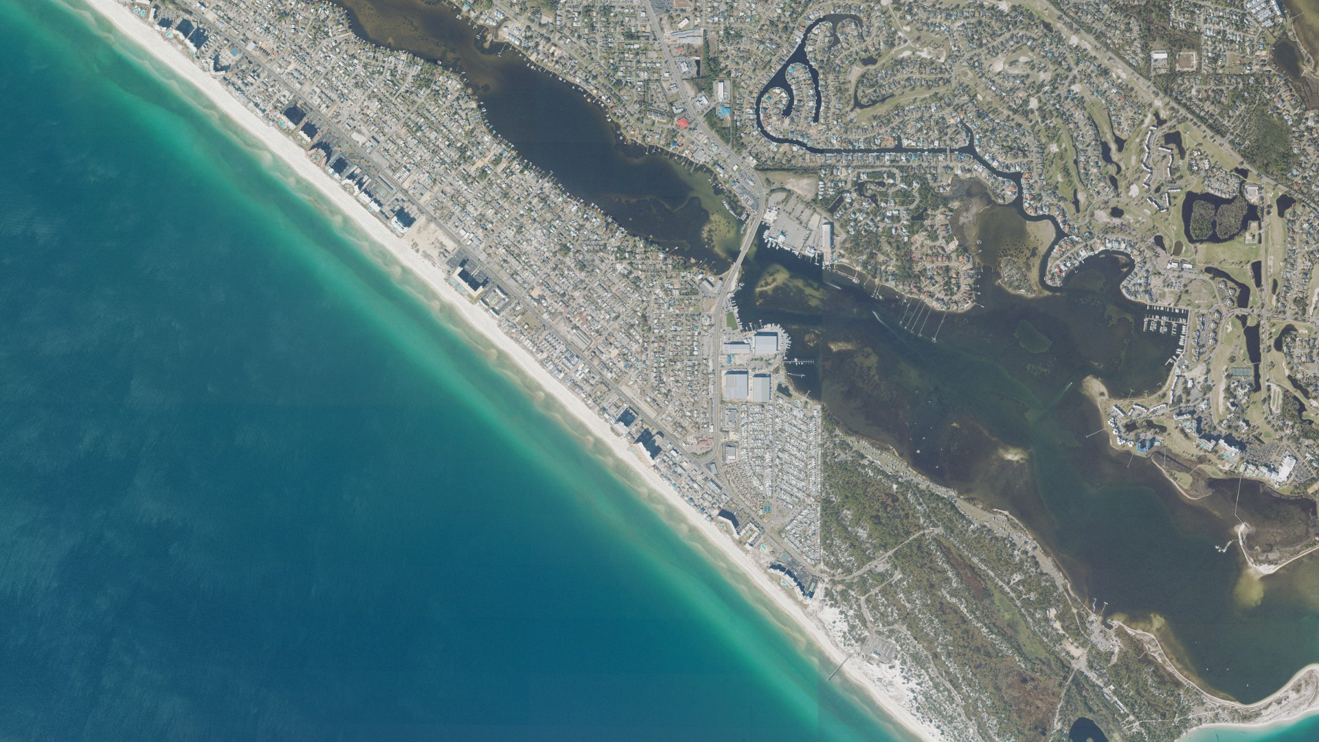 Natural-color aerial photograph of land around Lower Grand Lagoon, Florida