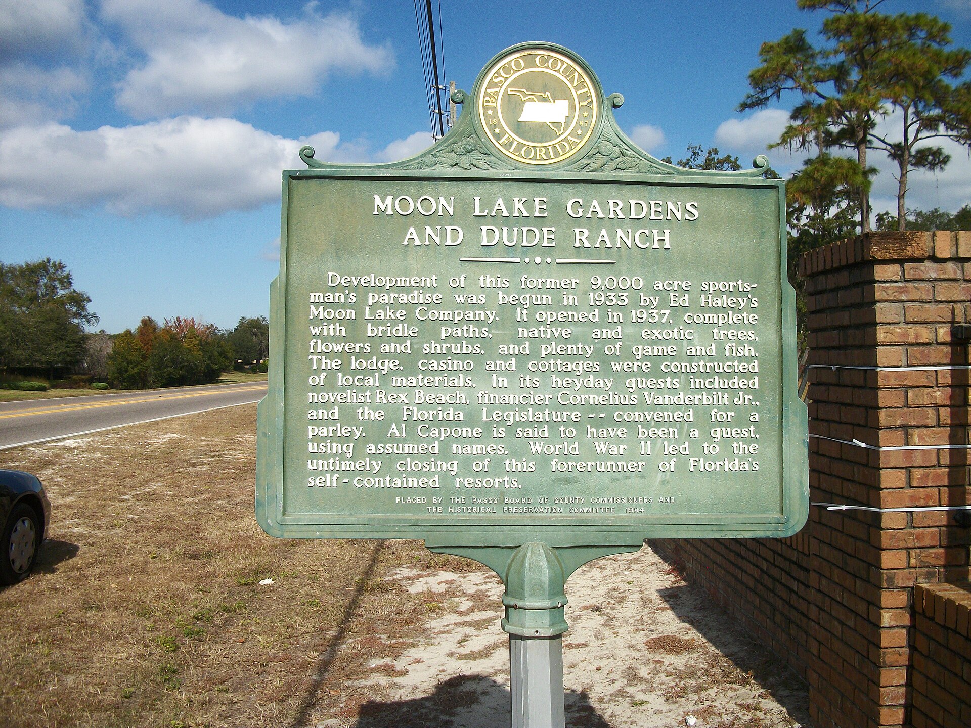 Historical Marker for the site of the Moon Lake Gardens and Dude Ranch off of Moon Lake Road in Moon Lake, Florida, northeast of New Port Richey, Florida.
