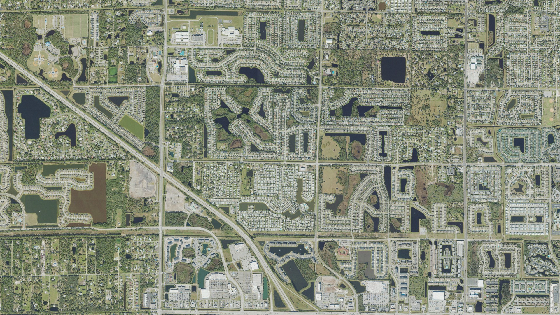 Natural-color aerial photograph of land around West Melbourne, Florida