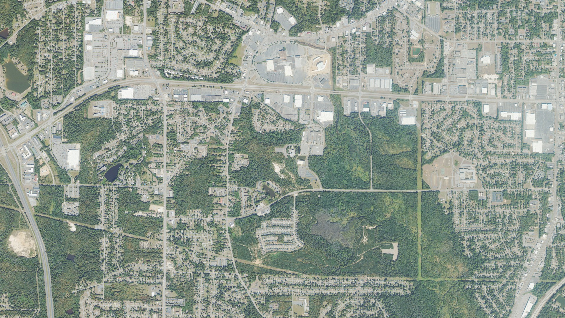Natural-color aerial photograph of land around Bibb County, Georgia